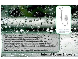 •Valves came in two types :
•thermostatic  controlled temperature automatically
•manual  manually find the right temperature
•Installing a mixer valve meant excavating the bathroom wall.
•Add booster pump to boost water pressure (cost € 350 to € 600)
•Core Product: Aquavalve609 (thermostatic); Cost : € 155 Price : € 675 to €
750;
• Sales: 60,000 units per year; Image : high-quality and reliable
Integral Power Showers
 