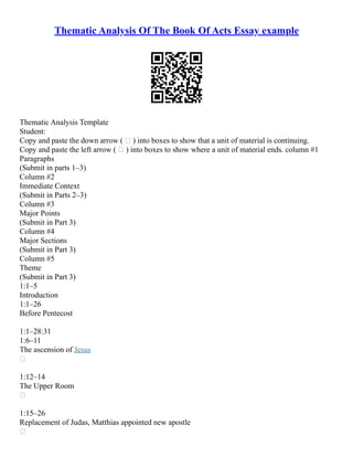Thematic Analysis Of The Book Of Acts Essay example
Thematic Analysis Template
Student:
Copy and paste the down arrow (  ) into boxes to show that a unit of material is continuing.
Copy and paste the left arrow (  ) into boxes to show where a unit of material ends. column #1
Paragraphs
(Submit in parts 1–3)
Column #2
Immediate Context
(Submit in Parts 2–3)
Column #3
Major Points
(Submit in Part 3)
Column #4
Major Sections
(Submit in Part 3)
Column #5
Theme
(Submit in Part 3)
1:1–5
Introduction
1:1–26
Before Pentecost
1:1–28:31
1:6–11
The ascension of Jesus

1:12–14
The Upper Room

1:15–26
Replacement of Judas, Matthias appointed new apostle

 