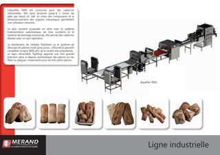 Ligne industrielle
L’AquaPan 9000 est construite pour des cadences
industrielles. Elle peut produire jusqu’à 1 tonne de
pâte par heure en 3x8. Le choix des composants et le
dimensionnement des organes mécaniques permettent
une utilisation intensive.
Le plus souvent proposée en série avec le système
d’alimentation automatique, les bras oscillants et le
système de laminage transversal, elle permet des cadences
élevées avec un seul opérateur.
Le distributeur de céréales TopSeeds ou le système de
découpe de pâtons ronds (pita, pizza…) RoundCut peuvent
compléter la ligne 9000 aﬁn de la rendre très polyvalente.
Le tapis rétractable TopDrop apporte une très grande
précision dans la dépose automatique des pâtons sur les
ﬁlets ou plaques, notamment pour les très petits pâtons.
AquaPan 9000
 