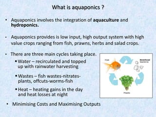 What is aquaponics ?

• Aquaponics involves the integration of aquaculture and
  hydroponics.

•   Aquaponics provides is ...