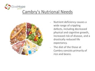 Cambry's Nutrional Needs
• Nutrient deficiency causes a
wide range of crippling
defects, including decreased
physical and cognitive growth,
increased risk of disease, and a
drastically reduced life
expectancy.
• The diet of the those at
Cambry consists primarily of
rice and beans.
 