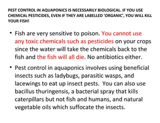 PEST CONTROL IN AQUAPONICS IS NECESSARILY BIOLOGICAL. IF YOU USE
CHEMICAL PESTICIDES, EVEN IF THEY ARE LABELLED 'ORGANIC', YOU WILL KILL
YOUR FISH!


    Fish are very sensitive to poison. You cannot use
    any toxic chemicals such as pesticides on your crops
    since the water will take the chemicals back to the
    fish and the fish will all die. No antibiotics either.

    Pest control in aquaponics involves using beneficial
    insects such as ladybugs, parasitic wasps, and
    lacewings to eat up insect pests. You can also use
    bacillus thuringensis, a bacterial spray that kills
    caterpillars but not fish and humans, and natural
    vegetable oils which suffocate the insects.
 