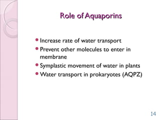 Role of AquaporinsRole of Aquaporins
Increase rate of water transport
Prevent other molecules to enter in
membrane
Symplastic movement of water in plants
Water transport in prokaryotes (AQPZ)
14
 