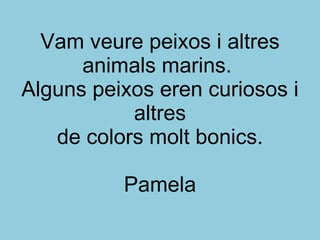 Vam veure peixos i altres animals marins.  Alguns peixos eren curiosos i altres de colors molt bonics. Pamela 