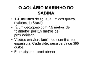 O AQUÁRIO MARINHO DO
           SABINA
• 120 mil litros de água (é um dos quatro
  maiores do Brasil).
• É um decágono com 7,5 metros de
  “diâmetro” por 3,5 metros de
  profundidade.
• Visores em vidro laminado com 6 cm de
  espessura. Cada vidro pesa cerca de 500
  quilos.
• É um sistema semi-aberto.
 