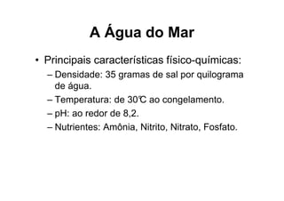 A Água do Mar
• Principais características físico-químicas:
  – Densidade: 35 gramas de sal por quilograma
    de água.
  – Temperatura: de 30° ao congelamento.
                         C
  – pH: ao redor de 8,2.
  – Nutrientes: Amônia, Nitrito, Nitrato, Fosfato.
 
