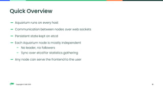 Copyright © SUSE 2021
— Aquarium runs on every host
— Communication between nodes over web sockets
— Persistent state kept on etcd
— Each Aquarium node is mostly independent
– No leader, no followers
– Sync over etcd for statistics gathering
— Any node can serve the frontend to the user
12
Quick Overview
 