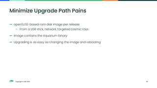 Copyright © SUSE 2021
— openSUSE-based ram disk image per release
– From a USB stick, network, targeted cosmic rays
— Image contains the Aquarium binary
— Upgrading is as easy as changing the image and rebooting
13
Minimize Upgrade Path Pains
 