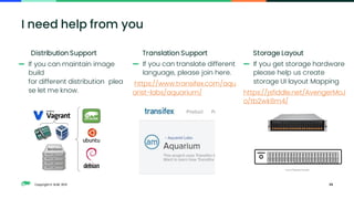 Copyright © SUSE 2021 35
I need help from you
Distribution Support
— If you can maintain image
build
for different distribution plea
se let me know.
Translation Support
— If you can translate different
language, please join here.
https://www.transifex.com/aqu
arist-labs/aquarium/
Storage Layout
— If you get storage hardware
please help us create
storage UI layout Mapping
https://jsfiddle.net/AvengerMoJ
o/tb2wk8m4/
 