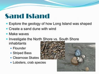 Sand Island
 Explore the geology of how Long Island was shaped
 Create a sand dune with wind
 Make waves
 Investigate the North Shore vs. South Shore

inhabitants
 Flounder
 Striped Bass
 Clearnose Skates
 Lobsters, crab species

 