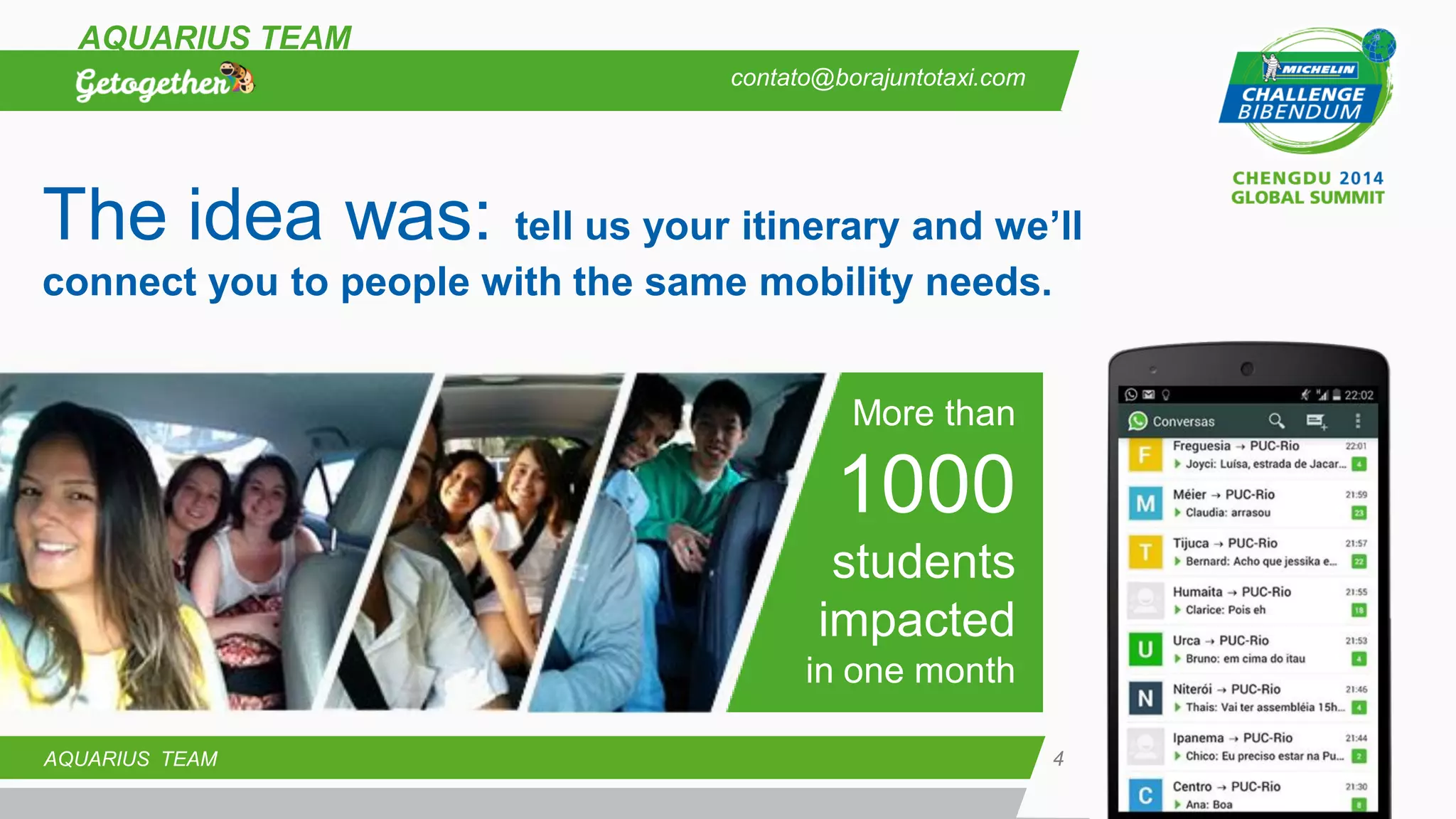 4 
AQUARIUS TEAM 
AQUARIUS TEAM 
The idea was: tell us your itinerary and we’ll connect you to people with the same mobility needs. 
More than 
1000 
students impacted 
in one month 
contato@borajuntotaxi.com  