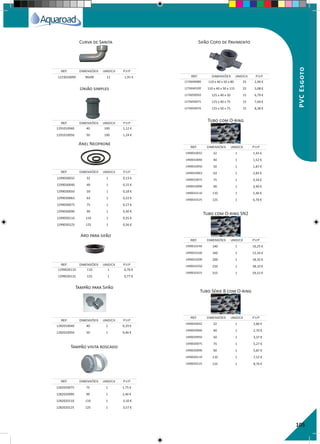 105
Curva de Sanita
Aro para sifão
Tampão visita roscado
Tampão para Sifão
Sifão Copo de Pavimento
Tubo com O-ring
Tubo com O-ring SN2
Tubo Série B com O-ring
União simples
Anel Neoprone
1223010090 90x90 12 1,91 €
1299020110 110 1 0,70 €
1299020125 125 1 0,77 €
1282020075 75 1 1,75 €
1282020090 90 1 2,46 €
1282020110 110 1 3,10 €
1282020125 125 1 3,57 €
1282010040 40 1 0,29 €
1282010050 50 1 0,46 €
1276040080 110 x 40 x 50 x 80 25 2,90 €
1276040100 110 x 40 x 50 x 115 25 3,08 €
1276050050 125 x 40 x 50 15 6,79 €
1276050075 125 x 40 x 75 15 7,69 €
1276050076 125 x 50 x 75 15 8,38 €
1490010032 32 1 1,43 €
1490010040 40 1 1,52 €
1490010050 50 1 1,87 €
1490010063 63 1 2,83 €
1490010075 75 1 3,24 €
1490010090 90 1 3,90 €
1490010110 110 1 5,40 €
1490010125 125 1 6,70 €
1490010140 140 1 10,25 €
1490010160 160 1 12,16 €
1490010200 200 1 18,35 €
1490010250 250 1 38,10 €
1490010315 315 1 59,52 €
1490020032 32 1 2,86 €
1490020040 40 1 2,70 €
1490020050 50 1 3,37 €
1490020075 75 1 5,27 €
1490020090 90 1 5,87 €
1490020110 110 1 7,52 €
1490020125 125 1 8,76 €
1291010040 40 100 1,12 €
1291010050 50 100 1,24 €
1299030032 32 1 0,13 €
1299030040 40 1 0,15 €
1299030050 50 1 0,18 €
1299030063 63 1 0,22 €
1299030075 75 1 0,27 €
1299030090 90 1 0,30 €
1299030110 110 1 0,35 €
1299030125 125 1 0,56 €
REF. DIMENSÕES UNID/CX P.V.P
REF. DIMENSÕES UNID/CX P.V.P
REF. DIMENSÕES UNID/CX P.V.P
REF. DIMENSÕES UNID/CX P.V.P
REF. DIMENSÕES UNID/CX P.V.P
REF. DIMENSÕES UNID/CX P.V.P
REF. DIMENSÕES UNID/CX P.V.P
REF. DIMENSÕES UNID/CX P.V.P
REF. DIMENSÕES UNID/CX P.V.P
REF. DIMENSÕES UNID/CX P.V.P
PVCEsgoto
 