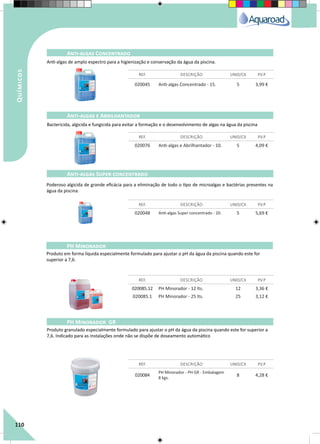 110
Químicos
Anti-algas de amplo espectro para a higienização e conservação da água da piscina.
020045 Anti-algas Concentrado - 15. 5 3,99 €
REF. DESCRIÇÃO UNID/CX P.V.P
Anti-algas Concentrado
020076 Anti-algas e Abrilhantador - 10. 5 4,09 €
020048 Anti-algas Super concentrado - 20. 5 5,69 €
020085.12 PH Minorador - 12 lts. 12 3,36 €
020085.1 PH Minorador - 25 lts. 25 3,12 €
020084
PH Minorador - PH GR - Embalagem
8 kgs.
8 4,28 €
REF. DESCRIÇÃO UNID/CX P.V.P
REF. DESCRIÇÃO UNID/CX P.V.P
REF. DESCRIÇÃO UNID/CX P.V.P
REF. DESCRIÇÃO UNID/CX P.V.P
Anti-algas e Abrilhantador
Anti-algas Super concentrado
PH Minorador
PH Minorador GR
Produto em forma líquida especialmente formulado para ajustar o pH da água da piscina quando este for
superior a 7,6.
Produto granulado especialmente formulado para ajustar o pH da água da piscina quando este for superior a
7,6. Indicado para as instalações onde não se dispõe de doseamento automático
Bactericida, algicida e fungicida para evitar a formação e o desenvolvimento de algas na água da piscina
Poderoso algicida de grande eficácia para a eliminação de todo o tipo de microalgas e bactérias presentes na
água da piscina.
 