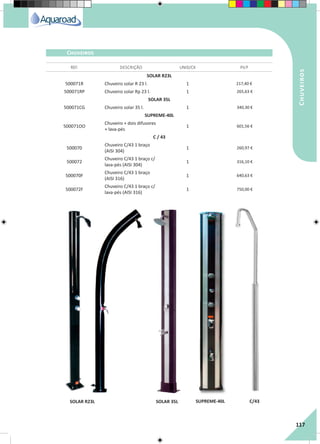 RegaporAspersão
117
SOLAR R23L
500071R Chuveiro solar R 23 l. 1 217,40 €
500071RP Chuveiro solar Rp 23 l. 1 265,63 €
SOLAR 35L
500071CG Chuveiro solar 35 l. 1 340,30 €
SUPREME-40L
500071OO
Chuveiro + dois difusores
+ lava-pés
1 601,56 €
C / 43
500070
Chuveiro C/43 1 braço
(AISI 304)
1 260,97 €
500072
Chuveiro C/43 1 braço c/
lava-pés (AISI 304)
1 316,10 €
500070F
Chuveiro C/43 1 braço
(AISI 316)
1 640,63 €
500072F
Chuveiro C/43 1 braço c/
lava-pés (AISI 316)
1 750,00 €
REF. DESCRIÇÃO UNID/CX P.V.P
Chuveiros
Chuveiros
SOLAR R23L SOLAR 35L SUPREME-40L C/43
 