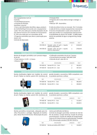 126
Bombasdoseadoras
Dois equipamentos num só.
Controla:
• A desinfeção da piscina .
• A bomba de filtração .
Desinfetar a piscina:
• Com o salt chlorination desinfeta a água, produzin-
do 15/25/35/50 gr/h de acordo com o equipamento
usado. Tem uma saída para a bomba doseadora de pH
que apenas funciona com a bomba em funcionamen-
to. Tem uma saída para um controlador de RX.
• Programa automático que altera a polarização para
4,6,8 e 12h.
Controle de depuração:
• Proteção RCD.
• Programa até 2 ciclos diários de ligar e desligar a
bomba.
• Manual -Off - Automático.
O vidro da célula é único no mercado. Tem 3 entradas
e saída de forma a instalar equipamentos necessários.
A terceira entrada/saída é usada como amostra de
teste para verificar se o equipamento está funcional.
A durabilidade da célula é de 10.000 - 12,000h depen-
dendo da qualidade da água e programming change
polarity.
Bomba de dosagem peristáltica com controlo integra-
do de pH.
• Fluxo máximo: 1.5 l/h - 1.5 bares
• Alcance: 6-8
• Calibração automática de pH em 7 pontos.
• Fornecimento de energia: 100-240V 25W
• Eletrodo de pH: cabo de 6 m
Bomba dosificadora digital com medidor de control
de pH / Redox no interior, painel LCD, membrana de
grande duração e accessórios 100% compatíveis com
os produtos químicos a utilizar.
Bomba dosificadora digital com medidor de control
de pH / Redox no interior, painel LCD, membrana de
grande duração e accessórios 100% compatíveis com
os produtos químicos a utilizar.
Bomba peristáltica temporizada, adequada para do-
sificar floculantes e antialgas. Regulação de dosifica-
ções. Atraso fixo de 30 minutos. Restauração dos para-
metros pré definidos de fábrica.
Controle da dosagem permitída. Controle do nível de
fim de produto. Função Stand by. Função de priming
(escorvamento). Função de exibição de programação.
Caixa em PP. Painel frontal em policarbonato. Proteção
IP 55. Alimentação standard 230 VAC 50-60 Hz.
REF. DESCRIÇÃO UNID/CX P.V.P
REF. DESCRIÇÃO UNID/CX P.V.P
REF. DESCRIÇÃO UNID/CX P.V.P
REF. DESCRIÇÃO UNID/CX P.V.P
REF. DESCRIÇÃO UNID/CX P.V.P
HP-6700-25 Clorador salino 25 gr/h + Quadro
eléctrico depuradora
2 1220,00 €
HP-6700-50 Clorador salino 50 gr/h + Quadro
eléctrico depuradora
1 1760,00 €
HP-4028-42 Bomba PH 1.5l. - 1 bar 2 463,00 €
HP-4028-44 Bomba RX 1.5l. - 1 bar 2 467,50 €
HP-4028-46 Bomba PH 5l. - 2 bar 1 485,00 €
HP-4028-48 Bomba RX 5l. - 2 bar 1 499,00 €
HP-4028-38 Bomba PH 5l. - 2 bar 1 515,00 €
HP-4028-36 Bomba RX 5l. - 2 bar 1 640,00 €
HP-4028-62 Bomba peristáltica MP2 POOL T 1 310,00 €
Clorador Salino
Bomba peristáltica
Bomba dosificadora electromagnética
Bomba dosificadora membrana
Bomba Peristáltica temporizada
 