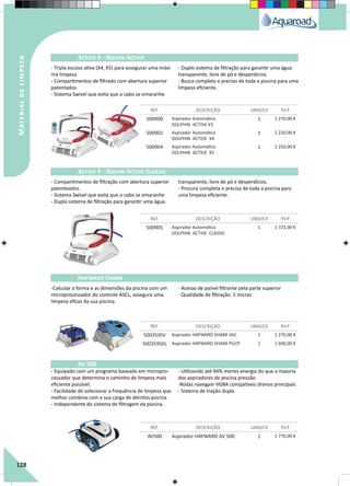 128
Active X - Dolfin Active
Active X - Dolfin Active Classic
Hayward Shark
Av 500
REF. DESCRIÇÃO UNID/CX P.V.P
REF. DESCRIÇÃO UNID/CX P.V.P
REF. DESCRIÇÃO UNID/CX P.V.P
REF. DESCRIÇÃO UNID/CX P.V.P
500900 Aspirador Automático
DOLPHIN ACTIVE X3
1 1 270,00 €
500902 Aspirador Automático
DOLPHIN ACTIVE X4
1 2 220,00 €
500904 Aspirador Automático
DOLPHIN ACTIVE X5
1 2 250,00 €
500905 Aspirador Automático
DOLPHIN ACTIVE CLASSIC
1 1 725,00 €
500359SV Aspirador HAYWARD SHARK VAC 1 1 270,00 €
500359SXL Aspirador HAYWARD SHARK PILOT 1 1 690,00 €
AV500 Aspirador HAYWARD AV 500 1 1 770,00 €
- Tripla escova ativa (X4, X5) para assegurar uma máxi-
ma limpeza.
- Compartimentos de filtrado com abertura superior
patentados.
- Sistema Swivel que evita que o cabo se emaranhe
- Duplo sistema de filtração para garantir uma água
transparente, livre de pó e desperdícios.
- Busca completa e preciso de toda a piscina para uma
limpeza eficiente.
- Compartimentos de filtração com abertura superior
patenteados.
- Sistema Swivel que evita que o cabo se emaranhe
- Duplo sistema de filtração para garantir uma água
transparente, livre de pó e desperdícios.
- Procura completa e precisa de toda a piscina para
uma limpeza eficiente.
-Calcular a forma e as dimensões da piscina com um
microprocessador do controle ASCL, assegura uma
limpeza eficaz da sua piscina.
- Acesso de painel filtrante pela parte superior
- Qualidade de filtração: 5 micras
- Equipado com um programa baseado em micropro-
cessador que determina o caminho de limpeza mais
eficiente possível.
- Facilidade de selecionar a frequência de limpeza que
melhor combina com a sua carga de detritos piscina.
- Independente do sistema de filtragem da piscina.
- Utilizando até 94% menos energia do que a maioria
dos aspiradores de piscina pressão.
-Rodas navegam VGBA compatíveis drenos principais
- Sistema de tração dupla
MaterialdeLimpeza
 