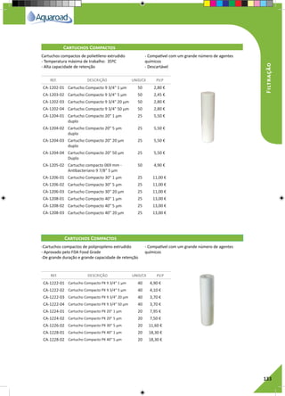 RegaporAspersão
133
Filtração
CA-1202-01 Cartucho Compacto 9 3/4" 1 µm 50 2,80 €
CA-1203-02 Cartucho Compacto 9 3/4" 5 µm 50 2,45 €
CA-1202-03 Cartucho Compacto 9 3/4" 20 µm 50 2,80 €
CA-1202-04 Cartucho Compacto 9 3/4" 50 µm 50 2,80 €
CA-1204-01 Cartucho Compacto 20" 1 µm
duplo
25 5,50 €
CA-1204-02 Cartucho Compacto 20" 5 µm
duplo
25 5,50 €
CA-1204-03 Cartucho Compacto 20" 20 µm
duplo
25 5,50 €
CA-1204-04 Cartucho Compacto 20" 50 µm
Duplo
25 5,50 €
CA-1205-02 Cartucho compacto 069 mm -
Antibacteriano 9 7/8" 5 µm
50 4,90 €
CA-1206-01 Cartucho Compacto 30" 1 µm 25 11,00 €
CA-1206-02 Cartucho Compacto 30" 5 µm 25 11,00 €
CA-1206-03 Cartucho Compacto 30" 20 µm 25 11,00 €
CA-1208-01 Cartucho Compacto 40" 1 µm 25 13,00 €
CA-1208-02 Cartucho Compacto 40" 5 µm 25 13,00 €
CA-1208-03 Cartucho Compacto 40" 20 µm 25 13,00 €
CA-1222-01 Cartucho Compacto PX 9 3/4" 1 µm 40 4,90 €
CA-1222-02 Cartucho Compacto PX 9 3/4" 5 µm 40 4,10 €
CA-1222-03 Cartucho Compacto PX 9 3/4" 20 µm 40 3,70 €
CA-1222-04 Cartucho Compacto PX 9 3/4" 50 µm 40 3,70 €
CA-1224-01 Cartucho Compacto PX 20" 1 µm 20 7,95 €
CA-1224-02 Cartucho Compacto PX 20" 5 µm 20 7,50 €
CA-1226-02 Cartucho Compacto PX 30" 5 µm 20 11,60 €
CA-1228-01 Cartucho Compacto PX 40" 1 µm 20 18,30 €
CA-1228-02 Cartucho Compacto PX 40" 5 µm 20 18,30 €
REF. DESCRIÇÃO UNID/CX P.V.P
REF. DESCRIÇÃO UNID/CX P.V.P
Cartuchos Compactos	
Cartuchos Compactos	
Cartuchos compactos de polietileno extrudido
- Temperatura máxima de trabalho: 35ºC
- Alta capacidade de retenção
- Compatível com um grande número de agentes
químicos
- Descartável
-Cartuchos compactos de polipropileno extrudido
- Aprovado pelo FDA Food Grade
-De grande duração e grande capacidade de retenção
- Compatível com um grande número de agentes
químicos
 