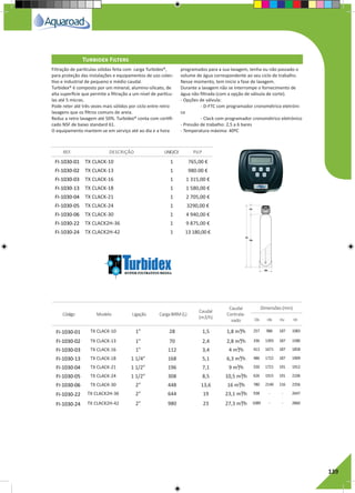 RegaporAspersão
139
FI-1030-01 TX CLACK-10 1 765,00 €
FI-1030-02 TX CLACK-13 1 980.00 €
FI-1030-03 TX CLACK-16 1 1 315,00 €
FI-1030-13 TX CLACK-18 1 1 580,00 €
FI-1030-04 TX CLACK-21 1 2 705,00 €
FI-1030-05 TX CLACK-24 1 3290,00 €
FI-1030-06 TX CLACK-30 1 4 940,00 €
FI-1030-22 TX CLACK2H-36 1 9 875,00 €
FI-1030-24 TX CLACK2H-42 1 13 180,00 €
REF. DESCRIÇÃO UNID/CX P.V.P
Turbidex Filters
Filtração de partículas sólidas feita com carga Turbidex®,
para proteção das instalações e equipamentos de uso colec-
tivo e industrial de pequeno e médio caudal.
Turbidex® é composto por um mineral, alumino-silicato, de
alta superfície que permite a filtração a um nível de partícu-
las até 5 micras.
Pode reter até três vezes mais sólidos por ciclo entre retro
lavagens que os filtros comuns de areia.
Reduz a retro lavagem até 50%. Turbidex® conta com certifi-
cado NSF de baixo standard 61.
O equipamento mantem-se em serviço até ao dia e a hora
programados para a sua lavagem, tenha ou não passado o
volume de água correspondente ao seu ciclo de trabalho.
Nesse momento, tem inicio a fase de lavagem.
Durante a lavagem não se interrompe o fornecimento de
água não filtrada (com a opção de válvula de corte).
- Opções de válvula:
	 - D-FTC com programador cronométrico eletróni-
co
	 - Clack com programador cronométrico eletrónico
- Pressão de trabalho: 2,5 a 6 bares
- Temperatura máxima: 40ºC
Código Modelo Ligação Carga BIRM (L)
Caudal
(m3/h)
Caudal
Contrala-
vado
Dimensões (mm)
Db Hb Hv Ht
FI-1030-01 TX CLACK-10 1” 28 1,5 1,8 m³/h 257 986 187 1083
FI-1030-02 TX CLACK-13 1” 70 2,4 2,8 m³/h 336 1393 187 1580
FI-1030-03 TX CLACK-16 1” 112 3,4 4 m³/h 413 1671 187 1858
FI-1030-13 TX CLACK-18 1 1/4” 168 5,1 6,3 m³/h 486 1722 187 1909
FI-1030-04 TX CLACK-21 1 1/2” 196 7,1 9 m³/h 550 1721 191 1912
FI-1030-05 TX CLACK-24 1 1/2” 308 8,5 10,5 m³/h 626 1915 191 2106
FI-1030-06 TX CLACK-30 2” 448 13,6 16 m³/h 780 2140 216 2356
FI-1030-22 TX CLACK2H-36 2” 644 19 23,1 m³/h 938 - - 2647
FI-1030-24 TX CLACK2H-42 2” 980 23 27,3 m³/h 1089 - - 2860
 