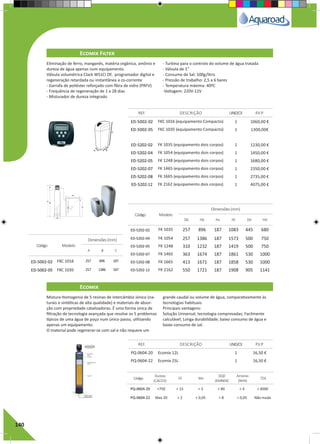 140
ED-5002-02 FKC 1016 (equipamento Compacto) 1 1060,00 €
ED-5002-05 FKC 1035 (equipamento Compacto) 1 1300,00€
ED-5202-02 FK 1035 (equipamento dois corpos) 1 1230,00 €
ED-5202-04 FK 1054 (equipamento dois corpos) 1 1450,00 €
ED-5202-05 FK 1248 (equipamento dois corpos) 1 1680,00 €
ED-5202-07 FK 1465 (equipamento dois corpos) 1 2350,00 €
ED-5202-08 FK 1665 (equipamento dois corpos) 1 2735,00 €
ED-5202-12 FK 2162 (equipamento dois corpos) 1 4075,00 €
PQ-0604-20 Ecomix 12L 1 16,50 €
PQ-0604-22 Ecomix 25L 1 16,50 €
REF. DESCRIÇÃO UNID/CX P.V.P
REF. DESCRIÇÃO UNID/CX P.V.P
Ecomix Filter
Ecomix
Eliminação de ferro, manganês, matéria orgânica, amônio e
dureza de água apenas num equipamento.
Válvula volumétrica Clack WS1CI DF, programador digital e
regeneração retardada ou instantânea a co-corrente
- Garrafa de poliéster reforçado com fibra de vidro (PRFV)
- Frequência de regeneração de 1 a 28 dias
- Misturador de dureza integrado
- Turbina para o controlo do volume de água tratada
- Válvula de 1”
- Consumo de Sal: 100g/litro
- Pressão de trabalho: 2,5 a 6 bares
- Temperatura máxima: 40ºC
-Voltagem: 220V-12V
Mistura Homogenia de 5 resinas de intercâmbio iónico (na-
turais e sintéticas de alta qualidade) e materiais de absor-
ção com propriedade catalizadoras. É uma forma única de
filtração de tecnologia avançada que resolve os 5 problemas
típicos de uma água de poço num único passo, utilizando
apenas um equipamento.
O material pode regenerar-se com sal e não requere um
grande caudal ou volume de água, comparativamente às
tecnologias habituais.
Principais vantagens:
Solução Universal; tecnologia comprovadas; Facilmente
calculável; Longa durabilidade; baixo consumo de água e
baixo consumo de sal.
Código Modelo
Dimensões (mm)
Db Hb Hv Ht Dd Hd
Código
Dureza
(CACO3)
FE Mn
DQ0
(KMN04)
Amonio
(NH4)
TDS
Código Modelo
Dimensões (mm)
A B C
ED-5202-02 FK 1035 257 896 187 1083 445 680
ED-5202-04 FK 1054 257 1386 187 1573 500 750
ED-5202-05 FK 1248 310 1232 187 1419 500 750
ED-5202-07 FK 1465 363 1674 187 1861 530 1000
ED-5202-08 FK 1665 413 1671 187 1858 530 1000
ED-5202-12 FK 2162 550 1721 187 1908 905 1141
PQ-0604-20 <750 < 15 < 3 < 80 < 4 < 4000
PQ-0604-22 Max 20 < 2 < 0,05 < 8 < 0,05 Não muda
ED-5002-02 FKC 1016 257 896 187
ED-5002-05 FKC 1035 257 1386 187
 