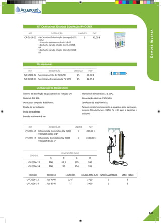 RegaporAspersão
143
Sistema de desinfeção da água através da radiação UV.
Material: AISI 304.
Duração da lâmpada: 8.000 horas.
Dispõe de led indicador.
Incluí abraçadeiras.
Pressão máxima de 6 bar.
Intervalo de temperatura: 2 a 32ºC.
Alimentação eléctrica: 230V-50Hz.
Certificado CE e NSF/ANSI 55.
Para um correto funcionamento, a água deve estar permanen-
temente filtrada (turvez <5NTU, Fe < 0,3 ppm e bactérias <
1000/ml).
OsmoseInversa
Ultravioleta Doméstico
REF. DESCRIÇÃO UNID/CX P.V.P
UV-2006-12 Ultravioleta Doméstico UV INOX
TRIOZON 40W 3/4"
1 495,00 €
UV-2006-14 Ultavioleta Doméstico UV INOX
TRIOZON 65W 1"
1 1 100,00 €
CA-7014-02 Kit Cartuchos Substituição (recargas) QC3:
Inclui:
1 Cartucho sedimentos CA-0218-02.
1 Cartucho carvão ativado GAC CA-0218-
04.
1 Cartucho carvão ativado block CA-0218-
05.
1 40,00 €
ME-2002-02 Membrana 18 x 12 50 GPD 25 26,50 €
ME-0218-03 Membrana Encapsulada 75 GPD 25 42,75 €
REF. DESCRIÇÃO UNID/CX P.V.P
REF. DESCRIÇÃO UNID/CX P.V.P
KIT Cartuchos Osmose Compacta PHOENIX
Membranas
UV-2006-12 800 63,5 105 940
UV-2006-14 800 90 154 936
UV-2006-12 UV 40W 3/4” 2720 1 6
UV-2006-14 UV 65W 1” 3400 1 6
CÓDIGO
DIMENSÕES (MM)
A B C D
CÓDIGO MODELO LIGAÇÕES CAUDALMÁX.(L/H) Nº DE LÂMPADAS MAX. (BAR)
 