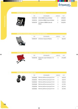 146
55202532 20-32 600W Caixa de Metal 1 105,00 €
55202531 20-63mm 800W Caixa de Metal 1 164,00 €
55202535 75-110mm 1000W Caixa de
Metal
1 255,00 €
55202537 20-32mm Caixa de Plástico 1 60,30 €
55202536 Alicate de cravar hidráulico 15-
22mm
1 275,00 €
55202620 Matrizes polifusora para ppr 20 mm 1 14,55 €
55202625 Matrizes polifusora para ppr 25 mm 1 14,55 €
55202632 Matrizes polifusora para ppr 32 mm 1 15,55 €
55202640 Matrizes polifusora para ppr 40 mm 1 17,70 €
55202650 Matrizes polifusora para ppr 50 mm 1 26,75 €
55202663 Matrizes polifusora para ppr 63 mm 1 33,70 €
REF. DESIGNAÇÃO UNID/CX P.V.P
REF. DESIGNAÇÃO UNID/CX P.V.P
REF. DESIGNAÇÃO UNID/CX P.V.P
REF. DESIGNAÇÃO UNID/CX P.V.P
Máquina polifusora para ppr - caixa de metal
Máquina polifusora para ppr caixa de plástico
Alicate de cravar hidráulico acessórios Inox prensar
Matrizes polifusora para ppr
Ferramentas
 