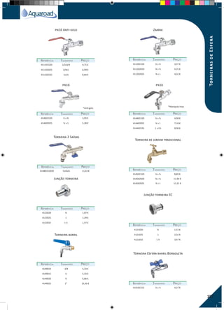 157
pn16 Anti-gelo Zamak
pn16
Torneira barril
Junção torneira
Junção torneira EC
Torneira de jardim tradicional
Torneira Esfera barril Borboleta
Torneira 2 Saídas
pn16
REFERÊNCIAREFERÊNCIA TAMANHOTAMANHO PREÇOPREÇO
REFERÊNCIAREFERÊNCIA TAMANHOTAMANHO PREÇOPREÇO
REFERÊNCIAREFERÊNCIA TAMANHOTAMANHO PREÇOPREÇO
REFERÊNCIAREFERÊNCIA TAMANHOTAMANHO PREÇOPREÇO
REFERÊNCIAREFERÊNCIA TAMANHOTAMANHO PREÇOPREÇO
REFERÊNCIAREFERÊNCIA TAMANHOTAMANHO PREÇOPREÇO
REFERÊNCIAREFERÊNCIA TAMANHOTAMANHO PREÇOPREÇO
REFERÊNCIAREFERÊNCIA TAMANHOTAMANHO PREÇOPREÇO
REFERÊNCIAREFERÊNCIA TAMANHOTAMANHO PREÇOPREÇO
REFERÊNCIAREFERÊNCIA TAMANHOTAMANHO PREÇOPREÇO
411101520 1/2x3/4 4,71 €
411102025 3/4x1 6,99 €
411102532 1x1¼ 8,64 €
414601520 ½ x ¾ 3,95 €
414602025 ¾ x 1 5,28 €
41480152020 ½x¾x¾ 11,43 €
4122020 ¾ 1,07 €
4122025 1 1,29 €
4122032 1 ¼ 1,57 €
414101515 ½ x ½ 4,57 €
411201520 ½ x ¾ 3,57 €
411202020 ¾ x ¾ 4,25 €
411202025 ¾ x 1 4,32 €
414401520 ½ x ¾ 4,98 €
414402025 ¾ x 1 7,18 €
414402532 1 x 1¼ 8,98 €
414501520 ½ x ¾ 8,89 €
414502020 ¾ x ¾ 11,93 €
414502025 ¾ x 1 13,21 €
4121020 ¾ 1,52 €
4121025 1 2,32 €
4121032 1 ¼ 3,47 €
4149010 3/8 5,33 €
4149015 ½ 5,33 €
4149020 ¾ 6,86 €
4149025 1” 15,50 €
*Anti-gelo
*Manipulo Inox
TorneirasdeEsfera
 