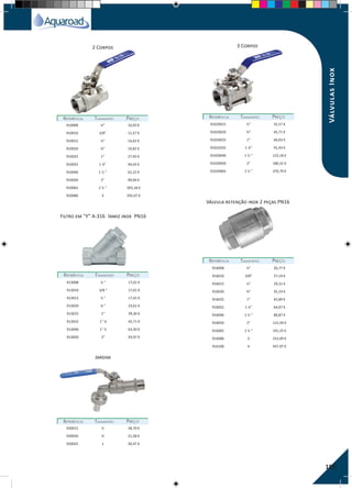 159
Filtro em “Y” A-316 tamiz inox PN16
Válvula retenção inox 2 peças PN16
Jardim
3 Corpos2 Corpos
REFERÊNCIAREFERÊNCIA TAMANHOTAMANHO PREÇOPREÇO
REFERÊNCIAREFERÊNCIA TAMANHOTAMANHO PREÇOPREÇO
REFERÊNCIAREFERÊNCIA TAMANHOTAMANHO PREÇOPREÇO
REFERÊNCIAREFERÊNCIA TAMANHOTAMANHO PREÇOPREÇO
REFERÊNCIAREFERÊNCIA TAMANHOTAMANHO PREÇOPREÇO
910008 ¼” 10,93 €
910010 3/8” 12,57 €
910015 ½” 14,63 €
910020 ¾” 19,82 €
910025 1” 27,93 €
910032 1 ¼” 44,43 €
910040 1 ½ ” 62,22 €
910050 2” 99,04 €
910065 2 ½ ” 203,18 €
910080 3 292,07 €
920015 ½ 18,79 €
920020 ¾ 21,58 €
920025 1 30,47 €
91020015 ½” 35,57 €
91020020 ¾” 45,71 €
91020025 1” 66,03 €
91022032 1 ¼” 91,43 €
91020040 1 ½ ” 123,18 €
91020050 2” 180,32 €
91020065 2 ½ ” 370,79 €
913008 ¼ “ 17,01 €
913010 3/8 “ 17,01 €
913015 ½ " 17,01 €
913020 ¾ " 23,61 €
913025 1" 39,36 €
913032 1" ¼ 45,71 €
913040 1" ½ 63,50 €
913050 2" 93,97 €
916008 ¼” 26,77 €
916010 3/8” 27,19 €
916015 ½” 29,31 €
916020 ¾” 35,19 €
916025 1” 43,89 €
916032 1 ¼” 64,07 €
916040 1 ½ ” 80,87 €
916050 2” 115,59 €
916065 2 ½ ” 191,25 €
916080 3 253,09 €
916100 4 437,97 €
VálvulasInox
 