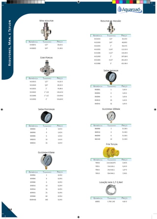 Com Porcas
Saída Inferior
Redutor de pressãoMini redutor
REFERÊNCIAREFERÊNCIA TAMANHOTAMANHO PREÇOPREÇO
REFERÊNCIAREFERÊNCIA TAMANHOTAMANHO PREÇOPREÇO
REFERÊNCIAREFERÊNCIA TAMANHOTAMANHO PREÇOPREÇO
REFERÊNCIAREFERÊNCIA TAMANHOTAMANHO PREÇOPREÇO
4150015 1/2" 20,63 €
4150020 3/4" 21,58 €
4151015 1/2" 34,10 €
4151020 3/4" 48,98 €
4151025 1" 58,23 €
4151032 11/4" 112,55 €
4151040 11/2" 135,94 €
4151050 2" 207,68 €
4151065 21/2" 301,04 €
4151080 3" 431,96 €
4152015 1/2" 41,81 €
4152020 3/4" 69,42 €
4152025 1" 74,96 €
4152032 1" 1/4 143,42 €
4152040 1" 1/2 154,94 €
4152050 2" 254,06 €
850002 2 3,43 €
850004 4 3,43 €
850006 6 3,43 €
850010 10 3,43 €
850016 16 3,43 €
Saída Posterior Glicerina 100mm
REFERÊNCIAREFERÊNCIA TAMANHOTAMANHO PREÇOPREÇO REFERÊNCIAREFERÊNCIA TAMANHOTAMANHO PREÇOPREÇO
840002 2 3,43 €
840004 4 3,43 €
840006 6 3,43 €
840010 10 3,43 €
840016 16 3,43 €
860006 2 21,58 €
860016 4 21,58 €
860040 6 21,58 €
860100 10 21,58 €
Glicerina 63mm
REFERÊNCIAREFERÊNCIA TAMANHOTAMANHO PREÇOPREÇO
859902 2 8,39 €
859904 4 8,39 €
859906 6 8,39 €
859910 10 8,39 €
859916 16 8,39 €
859925 25 8,39 €
859960 60 8,39 €
8599100 100 8,39 €
Fita Teflon
Ligação inox 1,7-2,4mt
REFERÊNCIAREFERÊNCIA TAMANHOTAMANHO PREÇOPREÇO
REFERÊNCIAREFERÊNCIA TAMANHOTAMANHO PREÇOPREÇO
70010 12x12x0,075 0,30 €
70011 12x12x0,1 0,43 €
70012 25x15x0,1 1,07 €
70013 50x19x0,1 2,58 €
60002 1,70X 2,40 4,82 €
164
Redutores,Man.eTeflon
 