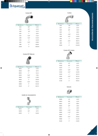 169
Curva MF Curva
Curva 45º femea
Joelho
REFERÊNCIAREFERÊNCIA TAMANHOTAMANHO PREÇOPREÇO
REFERÊNCIAREFERÊNCIA TAMANHOTAMANHO PREÇOPREÇO
REFERÊNCIAREFERÊNCIA TAMANHOTAMANHO PREÇOPREÇO
REFERÊNCIAREFERÊNCIA TAMANHOTAMANHO PREÇOPREÇO
REFERÊNCIAREFERÊNCIA TAMANHOTAMANHO PREÇOPREÇO
REFERÊNCIAREFERÊNCIA TAMANHOTAMANHO PREÇOPREÇO
1010 3/8" 2,16 €
1015 1/2" 2,42 €
1020 3/4" 3,57 €
1025 1" 4,82 €
1032 11/4" 9,16 €
1040 11/2" 11,62 €
1050 2" 23,24 €
1065 21/2" 45,86 €
1080 3" 60,00 €
10100 4" 100,00 €
2010 3/8" 2,29 €
2015 1/2" 2,23 €
2020 3/4" 3,20 €
2025 1" 5,00 €
2032 11/4" 9,15 €
2040 11/2" 11,00 €
2050 2" 20,81 €
2065 21/2" 48,07 €
2080 3" 63,00 €
20200 4" 110,40 €
40015 1/2" 2,10 €
40020 3/4" 3,07 €
40025 1" 4,51 €
40032 11/4" 7,49 €
40040 11/2" 11,46 €
40050 2" 18,29 €
40065 21/2" 34,42 €
40080 3" 49,14 €
40100 4" 89,47 €
85015 1/2" 3,34 €
85020 3/4" 4,97 €
85025 1" 10,26 €
41015 1/2" 3,14 €
41020 3/4" 3,41 €
41025 1" 4,51 €
41032 11/4" 7,96 €
41040 11/2" 13,29 €
41050 2" 18,57 €
41065 21/2" 39,74 €
41080 3" 50,22 €
41100 4" 94,05 €
90008 1/4" 1,42 €
90010 3/8" 1,23 €
90015 1/2" 0,80 €
90020 3/4" 1,00 €
90025 1" 1,60 €
90032 1 1/4" 3,00 €
90040 1 1/2" 3,94 €
90050 2" 6,02 €
90065 21/2" 20,46 €
90080 3" 31,33 €
90100 4" 51,00 €
Curva 45º Macho
União de cruzamento
AcessóriosGalvanizados
 
