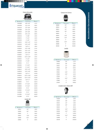 173
REFERÊNCIAREFERÊNCIA TAMANHOTAMANHO PREÇOPREÇO
REFERÊNCIAREFERÊNCIA TAMANHOTAMANHO PREÇOPREÇO
REFERÊNCIAREFERÊNCIA TAMANHOTAMANHO PREÇOPREÇO
REFERÊNCIAREFERÊNCIA TAMANHOTAMANHO PREÇOPREÇO
280008 1/4" 1,54 €
280010 3/8" 1,40 €
280015 1/2" 0,80 €
280020 3/4" 0,90 €
280025 1" 1,26 €
280032 11/4" 2,40 €
280040 11/2" 3,00 €
280050 2" 4,80 €
280065 21/2" 14,00 €
280080 3" 22,00 €
280100 4" 42,00 €
270008 1/4" 1,15 €
270010 3/8" 1,70 €
270015 1/2" 0,80 €
270020 3/4" 0,95 €
270025 1" 1,58 €
270032 11/4" 2,25 €
270040 11/2" 3,10 €
270050 2" 4,85 €
270065 21/2" 17,00 €
270080 3" 22,00 €
270100 4" 44,00 €
341008 1/4" 5,40 €
341010 3/8" 5,40 €
341015 1/2" 5,30 €
341020 3/4" 6,50 €
341025 1" 8,13 €
341032 11/4" 10,60 €
341040 11/2" 15,00 €
341050 2" 21,00 €
341065 21/2" 50,00 €
341080 3" 80,00 €
341100 4" 120,00 €
24101008 3/8" x 1/4" 1,21 €
24101508 1/2" x 1/4" 0,90 €
24101510 1/2" x 3/8" 0,90 €
24102008 3/4" x 1/4" 1,00 €
24102010 3/4" x 3/8" 1,00 €
24102015 3/4" x 1/2" 0,84 €
24102510 1" x 3/8" 1,39 €
24102515 1" x 1/2" 1,26 €
24102520 1" x 3/4" 1,26 €
24103215 11/4" x 1/2" 2,11 €
24103220 11/4" x 3/4" 2,09 €
24103225 11/4" x 1" 1,96 €
24104010 11/2" x 3/8" 2,74 €
24104015 11/2" x 1/2" 2,74 €
24104020 11/2" x 3/4" 2,90 €
24104025 11/2" x 1" 2,32 €
24104032 11/2" x 11/4" 2,29 €
24105015 2" x 1/2" 5,91 €
24105020 2" x 3/4" 5,71 €
24105025 2" x 1" 4,33 €
24105032 2" x 11/4" 4,01 €
24105040 2" x 11/2" 4,01 €
24106515 21/2" x 1/2" 18,00 €
24106520 21/2" x 3/4" 18,00 €
24106525 21/2" x 1" 12,00 €
24106532 21/2" x 11/4" 12,00 €
24106540 21/2" x 11/2" 12,00 €
24106550 21/2" x 2" 11,00 €
24108025 3" X 1" 13,81 €
24108032 3" X 11/4" 13,00 €
24108040 3" X 11/2" 13,49 €
24108050 3" X 2" 14,49 €
24108065 3" X 21/2" 14,56 €
24110050 4" X 2" 23,00 €
24110065 4" X 21/2" 24,00 €
24110080 4" X 3" 24,00 €
Porca Redução Casquilho Duplo
União
Junção sede cónica MF
REFERÊNCIAREFERÊNCIA TAMANHOTAMANHO PREÇOPREÇO
529015 1/2" 1,90 €
529020 3/4" 2,40 €
529025 1" 3,90 €
529032 11/4" 3,30 €
529040 11/2" 4,00 €
529040 2" 6,00 €
União MF
AcessóriosGalvanizados
 