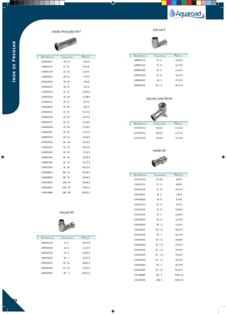 178
REFERÊNCIAREFERÊNCIA TAMANHOTAMANHO PREÇOPREÇO REFERÊNCIAREFERÊNCIA TAMANHOTAMANHO PREÇOPREÇO
REFERÊNCIAREFERÊNCIA TAMANHOTAMANHO PREÇOPREÇO
REFERÊNCIAREFERÊNCIA TAMANHOTAMANHO PREÇOPREÇO
REFERÊNCIAREFERÊNCIA TAMANHOTAMANHO PREÇOPREÇO
109001515 15 ½ 10,83 €
109001520 15 ¾ 13,74 €
109001820 18 ½ 11,65 €
109002220 22 ¾ 16,35 €
109002825 28 1 22,32 €
109003532 35 1 ¼ 36,75 €
109201510 15 ½ 10,57 €
109201810 18 ½ 11,16 €
109202220 22 ¾ 15,69 €
109202820 28 1 20,97 €
109203532 35 1¼ 36,82 €
109204240 42 1½ 51,54 €
109205450 54 2 66,92 €
147201515 15x1/2 11,61 €
147201815 18x1/2 12,25 €
147202220 22x3/4 15,53 €
134101510 15 3/8 9,69 €
134101515 15 ½ 8,90 €
134101520 15 ¾ 10,23 €
134101815 18 ½ 7,84 €
134101820 18 ¾ 9,78 €
134102215 22 ½ 9,57 €
134102220 22 ¾ 10,49 €
134102225 22 1 13,09 €
134102820 28 ¾ 12,59 €
134102825 28 1 13,31 €
134102832 28 1 ¼ 18,42 €
134103525 35 1 16,32 €
134103532 35 1 ¼ 18,68 €
134103540 35 1 ½ 23,21 €
134104232 42 1 ¼ 19,92 €
134104240 42 1 ½ 23,25 €
134105440 54 1 ½ 29,25 €
134105450 54 2 35,19 €
134107665 76 2 ½ 85,91 €
134108880 88 3 129,21 €
134108100 108 4 199,57 €
124601815 18. 15 5,63 €
124602215 22 15 6,53 €
124602218 22 18 6,20 €
124602815 28 15 7,79 €
124602818 28 18 7,46 €
124602822 28 22 7,01 €
124603515 35 15 14,50 €
124603518 35 18 11,08 €
124603522 35 22 9,75 €
124603528 35 28 9,41 €
124604215 42 15 13,71 €
124604218 42 18 14,14 €
124604222 42 22 12,64 €
124604228 42 28 12,38 €
124604235 42 35 11,67 €
124605415 54 15 23,50 €
124605418 54 18 22,24 €
124605422 54 22 18,13 €
124605428 54 28 17,42 €
124605435 54 35 16,50 €
124605442 54 42 15,27 €
124607654 76 54 43,53 €
124608854 88 54 49,28 €
124608876 88 76 58,58 €
124610854 108 54 60,66 €
124610876 108 76 70,01 €
124610888 108 88 80,05 €
União Redução M-F
Joelho F
Joelho M
Joelho com Pater
União M
InoxdePrensar
 