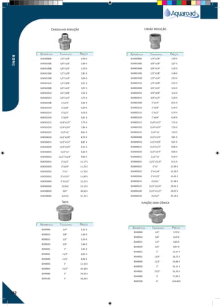 182
REFERÊNCIAREFERÊNCIA TAMANHOTAMANHO PREÇOPREÇO REFERÊNCIAREFERÊNCIA TAMANHOTAMANHO PREÇOPREÇO
REFERÊNCIAREFERÊNCIA TAMANHOTAMANHO PREÇOPREÇO
824000806 1/4"x1/8" 1,90 €
824001006 3/8"x1/8" 2,07 €
824001008 3/8"x1/4" 2,20 €
824001506 1/2"x1/8" 2,48 €
824001508 1/2"x1/4" 2,53 €
824001510 1/2"x3/8" 2,55 €
824002008 3/4"x1/4" 3,16 €
824002010 3/4"x3/8" 3,16 €
824002015 3/4"x1/2" 3,28 €
824002508 1"x1/4" 8,55 €
824002510 1"x3/8" 5,39 €
824002515 1"x1/2" 5,79 €
824002520 1"x3/4" 6,30 €
824003215 11/4"x1/2" 7,25 €
824003220 11/4"x3/4" 7,26 €
824003225 11/4"x1" 7,59 €
824004008 11/2"x1/4" 9,81 €
824004010 11/2"x3/8" 9,01 €
824004015 11/2"x1/2" 8,96 €
824004020 11/2"x3/4" 8,96 €
824004025 11/2"x1" 9,39 €
824004032 11/2"x11/4" 9,15 €
824005025 2"x1" 12,95 €
824005032 2"x11/4" 13,50 €
824005040 2"x11/2" 14,01 €
824006525 21/2x1" 27,48 €
824006532 21/2"x11/4" 28,41 €
824006540 21/2"x11/2" 28,67 €
824006550 21/2x2" 29,19 €
8340008 1/4" 5,70 €
8340010 3/8" 6,20 €
8340015 1/2" 6,69 €
8340020 3/4" 8,97 €
8340025 1" 13,17 €
8340032 11/4" 18,72 €
8340040 11/2" 24,00 €
8340050 2" 35,11 €
8340065 21/2" 54,19 €
8340080 3" 77,09 €
8340100 4" 124,46 €
824500806 1/4"x1/8" 1,90 €
824501006 3/8"x1/8" 2,46 €
824501008 3/8"x1/4" 2,70 €
824501506 1/2"x1/8" 2,87 €
824501508 1/2"x1/4" 3,09 €
824501510 1/2"x3/8" 3,21 €
824502008 3/4"x1/4" 3,47 €
824502010 3/4"x3/8" 3,54 €
824502015 3/4"x1/2" 3,73 €
824502508 1"x1/4" 5,95 €
824502510 1"x3/8" 4,29 €
824502515 1"x1/2" 4,76 €
824502520 1"x3/4" 5,01 €
824503215 11/4"x1/2" 7,75 €
824503220 11/4"x3/4" 7,84 €
824503225 11/4"x1" 8,61 €
824504010 11/2"x3/8" 8,79 €
824504015 11/2"x1/2" 8,87 €
824504020 11/2"x3/4" 9,13 €
824504025 11/2"x1" 9,26 €
824504032 11/2"x11/4" 9,64 €
824505015 2"x1/2" 13,17 €
824505020 2"x3/4" 11,52 €
824505025 2"x1" 11,70 €
824505032 2"x11/4" 11,60 €
824505040 2"x11/2" 12,21 €
824506540 21/2x2 22,15 €
824508050 3X2" 30,60 €
824508065 3x21/2 31,76 €
Casquilho redução União redução
Junção sede cónica
REFERÊNCIAREFERÊNCIA TAMANHOTAMANHO PREÇOPREÇO
8290008 1/4" 1,16 €
8290010 3/8" 1,30 €
8290015 1/2" 1,53 €
8290020 3/4" 2,48 €
8290025 1" 3,33 €
8290032 11/4" 6,03 €
8290040 11/2" 8,58 €
8290050 2" 12,16 €
8290065 21/2" 20,38 €
8290080 3" 29,92 €
8290100 4" 50,28 €
Taco
Inox
 