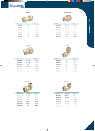 185
União F Joelho
Casquilho MUnião
Joelho F
REFERÊNCIAREFERÊNCIA TAMANHOTAMANHO PREÇOPREÇO
REFERÊNCIAREFERÊNCIA TAMANHOTAMANHO PREÇOPREÇO REFERÊNCIAREFERÊNCIA TAMANHOTAMANHO PREÇOPREÇO
REFERÊNCIAREFERÊNCIA TAMANHOTAMANHO PREÇOPREÇO
REFERÊNCIAREFERÊNCIA TAMANHOTAMANHO PREÇOPREÇO
REFERÊNCIAREFERÊNCIA TAMANHOTAMANHO PREÇOPREÇO
88010020 20 5,86 €
88010025 25 9,11 €
88010032 32 12,21 €
88010040 40 19,99 €
88010050 50 28,31 €
88010063 63 47,67 €
8811002015 20 x 1/2 3,70 €
8811002520 25 x 3/4 5,51 €
8811003225 32 X 1 8,01 €
8811004032 40 X 11/4 13,51 €
8811005040 50 x 11/2 20,09 €
8811006350 65 x 2 35,21 €
88030020 20 6,46 €
88030025 25 9,96 €
88030032 32 15,51 €
88030040 40 25,89 €
88030050 50 38,55 €
88030063 63 61,41 €
8813002015 20 x 1/2 4,89 €
8813002520 25 x 3/4 7,14 €
8813003225 32 X 1 10,73 €
8813004032 40 X 11/4 18,61 €
8813005040 50 x 11/2 27,73 €
8815006350 63 x 2 44,26 €
8809002015 20 x 1/2 3,50 €
8809002520 25 x 3/4 4,97 €
8809003225 32 x 1 7,38 €
8809004032 40 X 11/4 12,87 €
8809005040 50 x 11/2 17,98 €
8809006350 63 x 2 29,94 €
8815002015 20 x 1/2 4,71 €
8815002520 25 x 3/4 7,17 €
8815003225 32 X 1 12,12 €
8815004032 40 X 11/4 18,35 €
8815005040 50 x 11/2 28,45 €
8815006350 63 x 2 48,54 €
Joelho M
FittingLatão
 