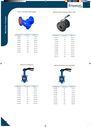 188
Filtro y em ferro com falanges
Válvula de borboleta
Válvula esfera carbono 2 peças pn16
Válvula mariposa disco inox Pn16
REFERÊNCIAREFERÊNCIA TAMANHOTAMANHO PREÇOPREÇO
REFERÊNCIAREFERÊNCIA TAMANHOTAMANHO PREÇOPREÇO
REFERÊNCIAREFERÊNCIA TAMANHOTAMANHO PREÇOPREÇO
REFERÊNCIAREFERÊNCIA TAMANHOTAMANHO PREÇOPREÇO
5110050 50 122,93 €
5110065 65 141,71 €
5110080 80 168,89 €
5110100 100 195,57 €
5110120 125 225,53 €
5110150 150 311,36 €
5110200 200 424,39 €
5110250 250 616,64 €
5110300 300 930,29 €
5117015 15 68,57 €
5117020 20 83,82 €
5117025 25 99,04 €
5117032 32 137,14 €
5117040 40 185,39 €
5117050 50 218,42 €
5117065 65 304,75 €
5117080 80 380,96 €
5117100 100 482,54 €
5117125 125 838,10 €
5117150 150 1 346,03 €
5115050 50 40,14 €
5115065 65 44,96 €
5115080 80 50,29 €
5115100 100 71,61 €
5115125 125 101,07 €
5115150 150 110,22 €
5115200 200 182,86 €
5115250 250 219,43 €
5115300 300 345,39 €
5114050 50 45,71 €
5114065 65 51,18 €
5114080 80 60,43 €
5114100 100 91,43 €
5114125 125 132,07 €
5114150 150 154,70 €
5114200 200 283,18 €
5114250 250 383,50 €
5114300 300 599,36 €
MaterialPesado
 