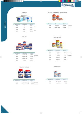 194
Cola pvc Piscinas
Dissolvente
Cola PVC G10
REFERÊNCIAREFERÊNCIA TAMANHOTAMANHO PREÇOPREÇO
REFERÊNCIAREFERÊNCIA TAMANHOTAMANHO PREÇOPREÇO
REFERÊNCIAREFERÊNCIA TAMANHOTAMANHO PREÇOPREÇO
2056 G-10 250ml 5,25 €
2063 G-10 500ml 7,99 €
2060 G-10 125ml 1,99 €
2062 G-10 1 lt 13,08 €
2076 G-10 1 lt 12,81 €
2011 Uneplas instant 250 9,55 €
2053 Uneplas instant 500 16,26 €
205 Lata 1000 c.c. 11,70 €
206 Lata 500 c.c. 7,20 €
24 unidades
24 unidades
50 unidades
36 unidades
36 unidades
Unecol
Cola pvc alta pressão, muito rápida
REFERÊNCIAREFERÊNCIA TAMANHOTAMANHO PREÇOPREÇO
REFERÊNCIAREFERÊNCIA TAMANHOTAMANHO PREÇOPREÇO
REFERÊNCIAREFERÊNCIA TAMANHOTAMANHO PREÇOPREÇO
8204 1l 7,27 €
8205 5l 5,57 €
8206 200ml 5,09 €
8207 2,5l 13,75 €
2010 uneplas 250 6,85 €
2023 Uneplas 500 6,77 €
2041 Uneplas 500 11,67 €
2023 500 ml 11,79 €
2046 pegafor 1L 25,50 €
2047 Pegafor 500ml 15,05 €
Lubirtub
Cola pvc
* 24 unidades
24 unidades
24 unidades
36 unidades
12 unidades
Cubo
Litro
 