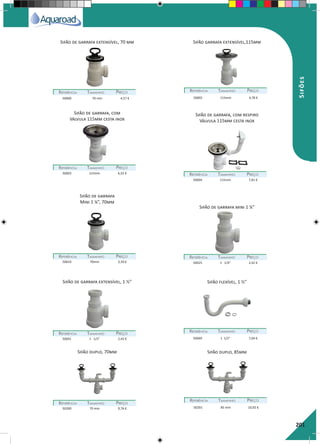 201
Sifão de garrafa, com
Válvula 115mm cesta inox
Sifão de garrafa
Mini 1 ¼”, 70mm
Sifão de garrafa, com respiro
Válvula 115mm cesta inox
Sifão de garrafa mini 1 ¼”
Sifão garrafa extensível,115mmSifão de garrafa extensível, 70 mm
Sifão flexível, 1 ½”
Sifão duplo, 85mm
REFERÊNCIAREFERÊNCIA TAMANHOTAMANHO PREÇOPREÇO
REFERÊNCIAREFERÊNCIA TAMANHOTAMANHO PREÇOPREÇO
REFERÊNCIAREFERÊNCIA TAMANHOTAMANHO PREÇOPREÇO
REFERÊNCIAREFERÊNCIA TAMANHOTAMANHO PREÇOPREÇO
REFERÊNCIAREFERÊNCIA TAMANHOTAMANHO PREÇOPREÇO
REFERÊNCIAREFERÊNCIA TAMANHOTAMANHO PREÇOPREÇO
REFERÊNCIAREFERÊNCIA TAMANHOTAMANHO PREÇOPREÇO
REFERÊNCIAREFERÊNCIA TAMANHOTAMANHO PREÇOPREÇO
REFERÊNCIAREFERÊNCIA TAMANHOTAMANHO PREÇOPREÇO
REFERÊNCIAREFERÊNCIA TAMANHOTAMANHO PREÇOPREÇO
50000 70 mm 4,57 €
50003 115mm 6,55 €
50010 70mm 3,59 €
50004 115mm 7,81 €
50025 1 1/4” 2,42 €
50041 1 1/2” 2,42 €
50200 70 mm 9,76 €
50002 115mm 4,78 €
50069 1 1/2” 7,04 €
50201 85 mm 10,92 €
Sifão de garrafa extensível, 1 ½”
Sifão duplo, 70mm
Sifões
 