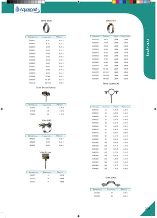 209
Série Ideal
Série GAS
Série Extra
Série Escapulas
Série Extra Duplas
Série Flex
REFERÊNCIAREFERÊNCIA TAMANHOTAMANHO PREÇOPREÇO
REFERÊNCIAREFERÊNCIA TAMANHOTAMANHO PREÇOPREÇO
REFERÊNCIAREFERÊNCIA TAMANHOTAMANHO PREÇOPREÇO
REFERÊNCIAREFERÊNCIA TAMANHOTAMANHO PREÇOPREÇO
0100012 8-12 0,31 €
0100015 8-15 0,31 €
0100019 12-19 0,34 €
0100021 15-21 0,37 €
0100026 17-26 0,37 €
0100032 22-32 0,40 €
0100038 28-38 0,40 €
0100047 35-47 0,43 €
0100057 35-57 0,46 €
0100062 42-62 0,49 €
0100070 45-70 0,51 €
0100089 67-89 0,54 €
0100105 85-105 0,57 €
0100130 105-130 0,60 €
011015 15 0,57 €
011018 18 0,66 €
011022 22 0,86 €
014016/i 16 0,29 € 1,34 €
014022/i 22 0,29 € 1,34 €
014026/i 26 0,29 € 1,37 €
014032/i 32 0,31 € 1,43 €
014040/i 40 0,37 € 1,57 €
014050/i 50 0,40 € 1,80 €
014063/i 63 0,46 € 1,94 €
014075/i 75 0,54 € 2,09 €
014080/i 80 0,57 € 2,17 €
014090/i 90 0,63 € 2,26 €
014100/i 100 0,69 € 2,29 €
014110/i 110 0,71 € 2,37 €
014115/i 115 0,74 € 2,46 €
014125/i 125 0,77 € 2,51 €
014140/i 140 0,91 € 2,71 €
014150/i 150 1,20 € 3,14 €
014160/i 160 1,29 € 3,43 €
014180/i 180 1,37 € 3,71 €
014200/i 200 1,43 € 4,00 €
012015 15 1,86 €
012018 18 2,09 €
012022 22 2,29 €
015022/i 14-22 1,00 € 2,34 €
015028/i 18-28 1,03 € 2,49 €
015036/i 24-36 1,06 € 2,63 €
015045/i 25-45 1,09 € 2,69 €
015052/i 32-52 1,11 € 2,77 €
015060/i 40-60 1,17 € 2,91 €
015067/i 47-67 1,26 € 3,06 €
015082/i 62-82 1,34 € 3,20 €
015097/i 77-97 1,43 € 3,49 €
015112/i 92-112 1,54 € 3,77 €
015127/i 107-127 1,69 € 4,06 €
015150/i 130-150 1,83 € 4,34 €
015160/i 140-160 1,97 € 4,63 €
009015 13-15 0,46 €
009019 15-19 0,46 €
009022 18-22 0,46 €
Série Sinal
REFERÊNCIAREFERÊNCIA TAMANHOTAMANHO PREÇOPREÇO
021050 50 1,86 €
021060 60 1,86 €
Escápulas
REFERÊNCIAREFERÊNCIA TAMANHOTAMANHO PREÇOPREÇO PREÇOPREÇO (INOX)
REFERÊNCIAREFERÊNCIA TAMANHOTAMANHO PREÇOPREÇO PREÇOPREÇO (INOX)
 