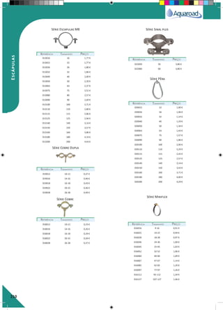 210
Série Escapulas M8
Série Miniflex
REFERÊNCIAREFERÊNCIA TAMANHOTAMANHO PREÇOPREÇO
REFERÊNCIAREFERÊNCIA TAMANHOTAMANHO PREÇOPREÇO
013016 16 1,77 €
013022 22 1,77 €
013026 26 1,80 €
013032 32 1,86 €
013040 40 2,00 €
013050 50 2,20 €
013063 63 2,37 €
013075 75 2,51 €
013080 80 2,57 €
013090 90 2,69 €
013100 100 2,71 €
013110 110 2,80 €
013115 115 2,86 €
013125 125 2,94 €
013140 140 3,14 €
013150 150 3,57 €
013160 160 3,86 €
013180 180 4,14 €
013200 200 4,43 €
016016 9-16 0,91 €
016022 14-22 0,94 €
016028 18-28 0,97 €
016036 24-36 1,00 €
016045 25-45 1,03 €
016052 32-52 1,06 €
016060 40-60 1,09 €
016067 47-67 1,14 €
016082 62-82 1,20 €
016097 77-97 1,26 €
016112 92-112 1,34 €
016127 107-127 1,46 €
Série Cobre
REFERÊNCIAREFERÊNCIA TAMANHOTAMANHO PREÇOPREÇO
018012 10-12 0,23 €
018016 14-16 0,26 €
018018 16-18 0,29 €
018022 20-22 0,34 €
018028 26-28 0,37 €
Série Pêra
REFERÊNCIAREFERÊNCIA TAMANHOTAMANHO PREÇOPREÇO
020022 22 1,00 €
020026 26 1,06 €
020032 32 1,14 €
020040 40 1,29 €
020050 50 1,34 €
020063 63 1,43 €
020075 75 1,57 €
020090 90 1,86 €
020100 100 2,00 €
020110 110 2,29 €
020115 115 2,43 €
020125 125 2,57 €
020140 140 3,14 €
020150 150 3,43 €
020160 160 3,71 €
020180 180 4,00 €
020200 200 4,29 €
Série Cobre Dupla
REFERÊNCIAREFERÊNCIA TAMANHOTAMANHO PREÇOPREÇO
019012 10-12 0,37 €
019016 14-16 0,40 €
019018 16-18 0,43 €
019022 20-22 0,46 €
019028 26-28 0,49 €
Série Sinal plus
REFERÊNCIAREFERÊNCIA TAMANHOTAMANHO PREÇOPREÇO
022050 50 3,86 €
022060 60 3,86 €
Escápulas
 