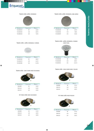 213
Tampa sifão latão cromado
Tampa sifão latão cromado, furada
Tampa sifão com chapa inox escovada
Kit para sifão inox escovado
Tampa sifão latão cromado, aba larga
Tampa sifão latão cromado, furada
com funil
Tampa sifão com chapa inox polido
Kit para sifão inox polido
REFERÊNCIAREFERÊNCIA TAMANHOTAMANHO PREÇOPREÇO
REFERÊNCIAREFERÊNCIA TAMANHOTAMANHO PREÇOPREÇO
REFERÊNCIAREFERÊNCIA TAMANHOTAMANHO PREÇOPREÇO
REFERÊNCIAREFERÊNCIA TAMANHOTAMANHO PREÇOPREÇO
REFERÊNCIAREFERÊNCIA TAMANHOTAMANHO PREÇOPREÇO
REFERÊNCIAREFERÊNCIA TAMANHOTAMANHO PREÇOPREÇO
REFERÊNCIAREFERÊNCIA TAMANHOTAMANHO PREÇOPREÇO
REFERÊNCIAREFERÊNCIA TAMANHOTAMANHO PREÇOPREÇO
9113650110 90 4,36 €
9113650130 110 6,05 €
9113650150 125 7,64 €
9113650188 90 7,49 €
9113650189 110 8,87 €
9113650191 125 12,51 €
8344090 90 3,21 €
8344110 110 3,72 €
8344125 125 4,87 €
8343090 90 3,72 €
8343110 110 4,42 €
8343125 125 5,63 €
9113650183 90 5,97 €
9113650185 110 7,08 €
9113650187 125 9,18 €
9113650160 90 6,85 €
9113650170 110 8,13 €
9113650180 125 11,59 €
8341090 90 1,94 €
8341110 110 2,26 €
8341125 125 2,94 €
8342090 90 2,53 €
8342110 110 3,04 €
8342125 125 3,80 €
TampasInox/Latão
 