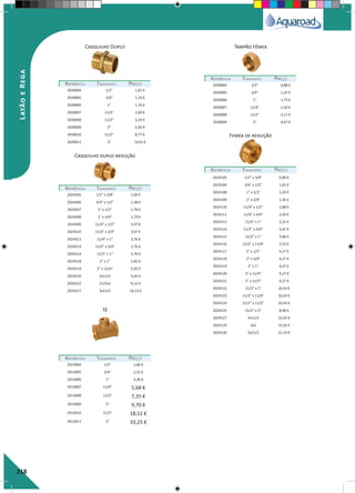 218
Casquilho Duplo
Casquilho duplo redução
Tampão fêmea
Tê
Femea de redução
REFERÊNCIAREFERÊNCIA TAMANHOTAMANHO PREÇOPREÇO
REFERÊNCIAREFERÊNCIA TAMANHOTAMANHO PREÇOPREÇO
REFERÊNCIAREFERÊNCIA TAMANHOTAMANHO PREÇOPREÇO
REFERÊNCIAREFERÊNCIA TAMANHOTAMANHO PREÇOPREÇO
REFERÊNCIAREFERÊNCIA TAMANHOTAMANHO PREÇOPREÇO
2028004 1/2" 1,01 €
2028005 3/4" 1,33 €
2028006 1" 1,76 €
2028007 11/4" 2,69 €
2028008 11/2" 3,24 €
2028009 2" 5,05 €
2028010 21/2" 8,77 €
2028011 3" 13,91 €
2030004 1/2" 0,88 €
2030005 3/4" 1,22 €
2030006 1" 1,73 €
2030007 11/4" 2,34 €
2030008 11/2" 3,17 €
2030009 2" 4,37 €
2024505 1/2" x 3/8" 1,04 €
2024506 3/4" x 1/2" 1,38 €
2024507 1" x 1/2" 1,79 €
2024508 1" x 3/4" 1,79 €
2024509 11/4" x 1/2" 3,07 €
2024510 11/4" x 3/4" 3,07 €
2024511 11/4" x 1" 3,76 €
2024513 11/2" x 3/4" 3,76 €
2024514 11/2" x 1" 3,76 €
2024518 2" x 1" 5,65 €
2024519 2" x 11/4" 5,65 €
2024520 2x11/2 5,65 €
2024522 21/2x2 9,12 €
2024527 3x21/2 16,13 €
2013004 1/2" 1,66 €
2013005 3/4" 2,32 €
2013006 1" 3,36 €
2013007 11/4" 5,68 €
2013008 11/2" 7,35 €
2013009 2" 9,70 €
2013010 21/2" 18,51 €
2013011 3" 33,25 €
2024105 1/2" x 3/8" 0,80 €
2024106 3/4" x 1/2" 1,01 €
2024108 1" x 1/2" 1,50 €
2024109 1" x 3/4" 1,36 €
2024110 11/4" x 1/2" 2,88 €
2024111 11/4" x 3/4" 2,50 €
2024112 11/4" x 1" 2,21 €
2024114 11/2" x 3/4" 3,47 €
2024115 11/2" x 1" 2,86 €
2024116 11/2" x 11/4" 2,53 €
2024117 2" x 1/2" 4,27 €
2024118 2" x 3/4" 4,27 €
2024119 2" x 1" 4,27 €
2024120 2" x 11/4" 4,27 €
2024121 2" x 11/2" 4,27 €
2024122 21/2" x 1" 10,43 €
2024123 21/2" x 11/4" 10,43 €
2024124 21/2" x 11/2" 10,43 €
2024125 21/2" x 2" 8,98 €
2024127 3x11/2 15,42 €
2024129 3x2 15,42 €
2024130 3x21/2 12,10 €
LatãoeRega
 