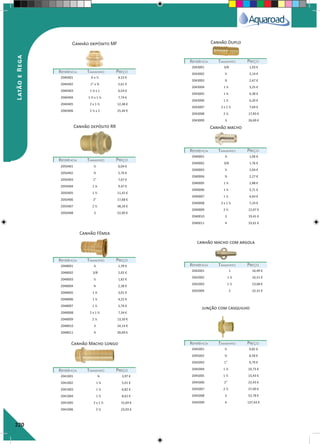 220
Canhão depósito RR
Canhão depósito MF Canhão Duplo
Canhão macho
Canhão Fêmea
REFERÊNCIAREFERÊNCIA TAMANHOTAMANHO PREÇOPREÇO
REFERÊNCIAREFERÊNCIA TAMANHOTAMANHO PREÇOPREÇO
REFERÊNCIAREFERÊNCIA TAMANHOTAMANHO PREÇOPREÇO
REFERÊNCIAREFERÊNCIA TAMANHOTAMANHO PREÇOPREÇO
REFERÊNCIAREFERÊNCIA TAMANHOTAMANHO PREÇOPREÇO
2043001 3/8 1,93 €
2043002 ½ 2,14 €
2043003 ¾ 2,67 €
2043004 1 ¼ 3,25 €
2043005 1 ¼ 4,38 €
2043006 1 ½ 6,20 €
2043007 2 x 1 ½ 7,69 €
2043008 2 ½ 17,83 €
2043009 3 26,69 €
2040001 ¼ 1,06 €
2040002 3/8 1,76 €
2040003 ½ 2,04 €
2040004 ¾ 2,27 €
2040005 1 ¼ 2,88 €
2040006 1 ¼ 3,71 €
2040007 1 ½ 4,64 €
2040008 2 x 1 ½ 7,24 €
2040009 2 ½ 12,07 €
2040010 3 19,41 €
2040011 4 33,61 €
2048001 ¼ 1,39 €
2048002 3/8 2,02 €
2048003 ½ 1,82 €
2048004 ¾ 2,38 €
2048005 1 ¼ 3,01 €
2048006 1 ¼ 4,22 €
2048007 1 ½ 5,76 €
2048008 2 x 1 ½ 7,34 €
2048009 2 ½ 13,50 €
2048010 3 24,14 €
2048011 4 39,09 €
2040401 ¾ x ½ 4,53 €
2040402 1” x ¾ 5,61 €
2040403 1 ¼ x 1 6,54 €
2040404 1 ½ x 1 ¼ 7,74 €
2040405 2 x 1 ½ 12,48 €
2040406 2 ½ x 2 25,44 €
2050401 ½ 6,04 €
2050402 ¾ 5,76 €
2050403 1” 7,67 €
2050404 1 ¼ 9,47 €
2050405 1 ½ 11,42 €
2050406 2” 17,68 €
2050407 2 ½ 38,26 €
2050408 3 52,00 €
LatãoeRega
Canhão Macho Longo
canhão macho com argola
REFERÊNCIAREFERÊNCIA TAMANHOTAMANHO PREÇOPREÇO
REFERÊNCIAREFERÊNCIA TAMANHOTAMANHO PREÇOPREÇO
2041001 ¾ 3,97 €
2041002 1 ¼ 5,01 €
2041003 1 ¼ 6,82 €
2041004 1 ½ 8,62 €
2041005 2 x 1 ½ 15,69 €
2041006 2 ½ 23,03 €
2042001 1 16,49 €
2042002 1 ¼ 16,51 €
2042003 1 ½ 23,08 €
2042004 2 32,31 €
junção com casquilho
REFERÊNCIAREFERÊNCIA TAMANHOTAMANHO PREÇOPREÇO
2045001 ½ 9,82 €
2045002 ¾ 8,58 €
2045003 1” 9,79 €
2045004 1 ¼ 10,73 €
2045005 1 ½ 15,43 €
2045006 2” 22,43 €
2045007 2 ½ 37,09 €
2045008 3 52,78 €
2045009 4 137,43 €
 