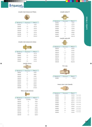 221
LatãoeRega
Junção com casquilho Longa
Junção saída FFJunção Com Casquilho Fêmea
REFERÊNCIAREFERÊNCIA TAMANHOTAMANHO PREÇOPREÇO
REFERÊNCIAREFERÊNCIA TAMANHOTAMANHO PREÇOPREÇO
REFERÊNCIAREFERÊNCIA TAMANHOTAMANHO PREÇOPREÇO
2046001 1 13,17 €
2046002 1 ¼ 14,71 €
2046003 1 ½ 20,28 €
2046004 2 32,43 €
2046005 2 ½ 51,52 €
2044001 ¾ 9,19 €
2044002 1 10,03 €
2044003 1 ¼ 12,72 €
2044004 1 ½ 15,04 €
2044005 2 25,81 €
2044006 2 ½ 46,80 €
2044007 3 61,90 €
2044008 4 180,14 €
2047001 1 9,30 €
2047002 1 ¼ 10,21 €
2047003 1 ½ 14,67 €
2047004 2 21,32 €
2047005 2 ½ 35,25 €
2047006 3 50,14 €
2047007 4 130,56 €
Junção Dupla
Junção saída MF
REFERÊNCIAREFERÊNCIA TAMANHOTAMANHO PREÇOPREÇO
REFERÊNCIAREFERÊNCIA TAMANHOTAMANHO PREÇOPREÇO
2040301 ½ 6,50 €
2040302 ¾ 8,08 €
2040303 1 8,78 €
2040304 1 ¼ 11,12 €
2040305 1 ½ 15,54 €
2040306 2 25,63 €
2040307 2 ½ 40,82 €
2040308 3 59,80 €
2040309 4 137,43 €
2040102 ¾ 10,03 €
2040103 1 12,44 €
2040104 1 ¼ 15,51 €
2040105 1 ½ 17,46 €
2040106 2 29,34 €
2040107 2 ½ 50,70 €
2040108 3 72,43 €
2040109 4 204,29 €
Meia Junção (rosca)
REFERÊNCIAREFERÊNCIA TAMANHOTAMANHO PREÇOPREÇO
2040701 ¾ (cavilha) 3,25 €
2040702 ¾ 4,90 €
2040703 1 4,72 €
2040704 1 ¼ 5,98 €
2040705 1 ½ 6,96 €
2040706 2 10,40 €
2040707 2 ½ 15,60 €
2040708 3 25,81 €
2040709 3 ½ 36,96 €
Tê 5 vias
pinha com e sem Canhão
* com Canhão
* com Canhão
* com Canhão
* sem Canhão
* sem Canhão
* com Canhão
* com Canhão
* com Canhão
* sem Canhão
* sem Canhão
REFERÊNCIAREFERÊNCIA TAMANHOTAMANHO PREÇOPREÇO
REFERÊNCIAREFERÊNCIA TAMANHOTAMANHO PREÇOPREÇO
2040801 1 10,31 €
2040901 1 20,13 €
2040902 1 ¼ 24,44 €
2040903 1 ½ 29,97 €
2040904 2 38,91 €
2040905 2 ½ 60,77 €
2040906 3 96,79 €
2040601 1 20,43 €
2040602 1 ¼ 26,85 €
2040603 1 ½ 32,83 €
2040604 2 39,26 €
 