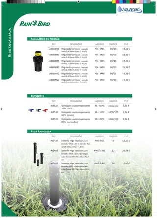 32
RegaLocalizada
A8860015 Regulador pressão - pressão
saída 1,00 bares (0,45 - 5 m3/h)
PSI - M15 80/20 19,36 €
A8860020 Regulador pressão - pressão
saída 1,40 bares (0,45 - 5 m3/h)
PSI - M20 80/20 19,36 €
A8860025 Regulador pressão - pressão
saída 1,75 bares (0,45 - 5 m3/h)
PSI - M25 80/20 19,36 €
A8860030 Regulador pressão - pressão
saída 2,10 bares (0,45 - 5 m3/h)
PSI - M30 80/20 19,36 €
A8860040 Regulador pressão - pressão
saída 2,80 bares (0,45 - 5 m3/h)
PSI - M40 80/20 19,36 €
A8860050 Regulador pressão - pressão
saída 3,50 bares (0,45 - 5 m3/h)
PSI - M50 80/20 19,36 €
X68525 Gotejador autocompensante
2 l/h (azul)
XB - 05PC 1000/100 0,36 €
X68530 Gotejador autocompensante
4 l/h (preto)
XB - 10PC 1000/100 0,36 €
X68535 Gotejador autocompensante
8 l/h (vermelho)
XB - 20PC 1000/100 0,36 €
A22430 Sistema rega radicular, com
brotador 1401 e 45 cm de tubo flexí-
vel SP-X Flex. Altura 91,4 cm.
RWS-BGX 6 52,20 €
A22460 Sistema rega radicular, com
brotador 1401 e joelho para ligar
tubo flexível SP-X Flex. Altura 45,7
cm.
RWS-M-BG 12 35,48 €
A22485 Sistema rega radicular, com
brotador 1401 e joelho para ligar
tubo flexível SP-X Flex. Altura 25,4
cm.
RWS-S-BG 20 21,60 €
REF. DESIGNAÇÃO MODELO UNID/CX P.V.P
REF. DESIGNAÇÃO MODELO UNID/CX P.V.P
REF. DESIGNAÇÃO MODELO UNID/CX P.V.P
Regulador de Pressão
Emissores
Rega Radicular
 