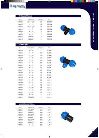 45
Acessóriosapertorápido
1483063 63 x 2 1/2" 18 11,88 €
1483075 75 x 2" 12 16,76 €
1483076 75 x 2 1/2" 10 16,76 €
1483077 75 x 3" 10 16,76 €
1483090 90 x 3" 8 23,15 €
1483091 90 x 4" 7 23,15 €
1483011 110 x 3" 4 44,44 €
1483012 110 x 4" 4 46,50 €
1482016 20 x 16 - 2,34 €
1482018 20 x 25 180 2,30 €
1482024 25 x 16 120 2,58 €
1482025 25 x 20 140 2,58 €
1482026 25 x 32 100 3,02 €
1482032 32 x 25 80 3,37 €
1482039 40 x 25 50 5,67 €
1482040 40 x 32 45 5,67 €
1482047 50 x 20 35 8,35 €
1482048 50 x 25 32 8,35 €
1482049 50 x 32 32 8,35 €
1482050 50 x 40 30 8,35 €
1482059 63 x 20 20 10,13 €
1482060 63 x 25 20 10,13 €
1482061 63 x 32 20 10,13 €
1482062 63 x 40 18 10,13 €
1482063 63 x 50 17 10,13 €
1482075 75 x 63 10 22,29 €
1482090 90 x 75 6 32,76 €
1482011 110 x 90 9 53,16 €
1582016 16 x 1/2" 620 0,79 €
1582017 16 x 3/4" 600 0,79 €
1582020 20 x 1/2" 480 1,03 €
1582021 20 x 3/4" 460 1,03 €
1582025 25 x 1/2" 340 1,20 €
1582026 25 x 3/4" 340 1,20 €
1582027 25 x 1" 280 1,20 €
REF. DIÂMETRO UNID/CX P.V.P
REF. DIÂMETRO UNID/CX P.V.P
REF. DIÂMETRO UNID/CX P.V.P
Tê Rosca Macho
Tê Redução
União Rosca Fêmea
 