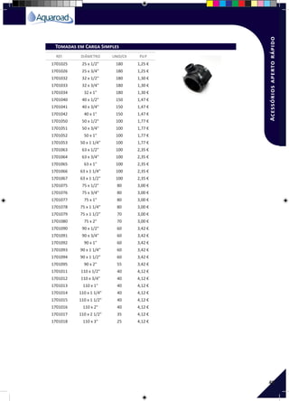 49
1701025 25 x 1/2" 180 1,25 €
1701026 25 x 3/4" 180 1,25 €
1701032 32 x 1/2" 180 1,30 €
1701033 32 x 3/4" 180 1,30 €
1701034 32 x 1" 180 1,30 €
1701040 40 x 1/2" 150 1,47 €
1701041 40 x 3/4" 150 1,47 €
1701042 40 x 1" 150 1,47 €
1701050 50 x 1/2" 100 1,77 €
1701051 50 x 3/4" 100 1,77 €
1701052 50 x 1" 100 1,77 €
1701053 50 x 1 1/4" 100 1,77 €
1701063 63 x 1/2" 100 2,35 €
1701064 63 x 3/4" 100 2,35 €
1701065 63 x 1" 100 2,35 €
1701066 63 x 1 1/4" 100 2,35 €
1701067 63 x 1 1/2" 100 2,35 €
1701075 75 x 1/2" 80 3,00 €
1701076 75 x 3/4" 80 3,00 €
1701077 75 x 1" 80 3,00 €
1701078 75 x 1 1/4" 80 3,00 €
1701079 75 x 1 1/2" 70 3,00 €
1701080 75 x 2" 70 3,00 €
1701090 90 x 1/2" 60 3,42 €
1701091 90 x 3/4" 60 3,42 €
1701092 90 x 1" 60 3,42 €
1701093 90 x 1 1/4" 60 3,42 €
1701094 90 x 1 1/2" 60 3,42 €
1701095 90 x 2" 55 3,42 €
1701011 110 x 1/2" 40 4,12 €
1701012 110 x 3/4" 40 4,12 €
1701013 110 x 1" 40 4,12 €
1701014 110 x 1 1/4" 40 4,12 €
1701015 110 x 1 1/2" 40 4,12 €
1701016 110 x 2" 40 4,12 €
1701017 110 x 2 1/2" 35 4,12 €
1701018 110 x 3" 25 4,12 €
REF. DIÂMETRO UNID/CX P.V.P
Tomadas em Carga Simples
Acessóriosapertorápido
 
