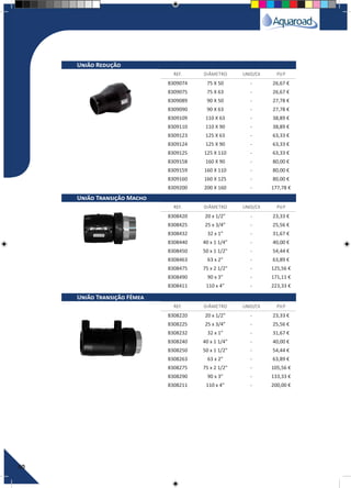 60
REF. DIÂMETRO UNID/CX P.V.P
REF. DIÂMETRO UNID/CX P.V.P
REF. DIÂMETRO UNID/CX P.V.P
União Redução
União Transição Macho
União Transição Fêmea
8309074 75 X 50 - 26,67 €
8309075 75 X 63 - 26,67 €
8309089 90 X 50 - 27,78 €
8309090 90 X 63 - 27,78 €
8309109 110 X 63 - 38,89 €
8309110 110 X 90 - 38,89 €
8309123 125 X 63 - 63,33 €
8309124 125 X 90 - 63,33 €
8309125 125 X 110 - 63,33 €
8309158 160 X 90 - 80,00 €
8309159 160 X 110 - 80,00 €
8309160 160 X 125 - 80,00 €
8309200 200 X 160 - 177,78 €
8308420 20 x 1/2” - 23,33 €
8308425 25 x 3/4” - 25,56 €
8308432 32 x 1” - 31,67 €
8308440 40 x 1 1/4” - 40,00 €
8308450 50 x 1 1/2” - 54,44 €
8308463 63 x 2” - 63,89 €
8308475 75 x 2 1/2” - 125,56 €
8308490 90 x 3” - 171,11 €
8308411 110 x 4” - 223,33 €
8308220 20 x 1/2” - 23,33 €
8308225 25 x 3/4” - 25,56 €
8308232 32 x 1” - 31,67 €
8308240 40 x 1 1/4” - 40,00 €
8308250 50 x 1 1/2” - 54,44 €
8308263 63 x 2” - 63,89 €
8308275 75 x 2 1/2” - 105,56 €
8308290 90 x 3” - 133,33 €
8308211 110 x 4” - 200,00 €
 