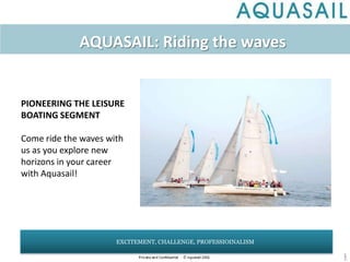 AQUASAIL: Riding the waves PIONEERING THE LEISURE BOATING SEGMENT Come ride the waves with us as you explore new horizons in your career with Aquasail! EXCITEMENT, CHALLENGE, PROFESSIOINALISM 1 