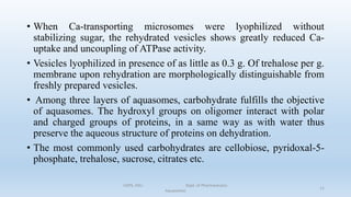 • When Ca-transporting microsomes were lyophilized without
stabilizing sugar, the rehydrated vesicles shows greatly reduced Ca-
uptake and uncoupling of ATPase activity.
• Vesicles lyophilized in presence of as little as 0.3 g. Of trehalose per g.
membrane upon rehydration are morphologically distinguishable from
freshly prepared vesicles.
• Among three layers of aquasomes, carbohydrate fulfills the objective
of aquasomes. The hydroxyl groups on oligomer interact with polar
and charged groups of proteins, in a same way as with water thus
preserve the aqueous structure of proteins on dehydration.
• The most commonly used carbohydrates are cellobiose, pyridoxal-5-
phosphate, trehalose, sucrose, citrates etc.
COPS, DSU Dept. of Pharmaceutics
Aquasomes
11
 