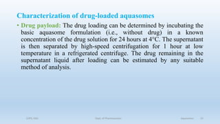 Characterization of drug-loaded aquasomes
• Drug payload: The drug loading can be determined by incubating the
basic aquasome formulation (i.e., without drug) in a known
concentration of the drug solution for 24 hours at 4°C. The supernatant
is then separated by high-speed centrifugation for 1 hour at low
temperature in a refrigerated centrifuge. The drug remaining in the
supernatant liquid after loading can be estimated by any suitable
method of analysis.
COPS, DSU Dept. of Pharmaceutics Aquasomes 22
 