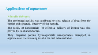 Applications of aquasomes
Insulin delivery:
The prolonged activity was attributed to slow release of drug from the
carrier and structural integrity of the peptide.
The utility of nanocarriers for effective delivery of insulin was also
proved by Paul and Sharma.
They prepared porous hydroxyapatite nanoparticles entrapped in
alginate matrix containing insulin for oral administration.
COPS, DSU Dept. of Pharmaceutics Aquasomes 24
 